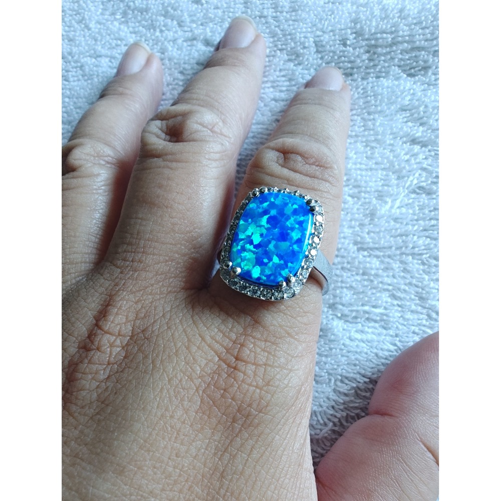 Ring 925 Sterling Silver Caribbean Blue Opal Halo Cushion Cut Size 9.5